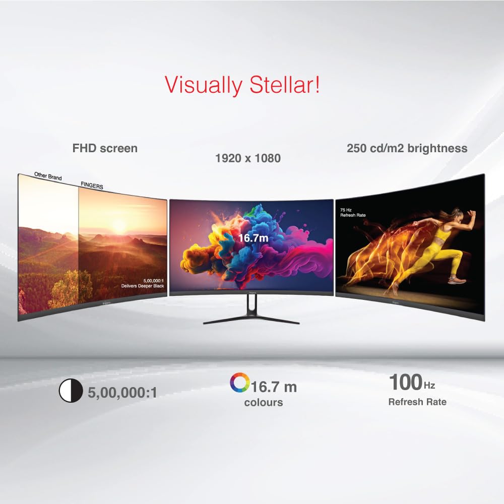 FINGERS SATIN-CURVE-2421 CURVED LED MONITOR (23.81, 60 CM) WITH 1920 X X1080 FHD RESOLUTION, ULTRA-SLIM DESIGN, VGA + HDMI + VGA OUTPUT, WALL MOUNTABLE, 100 HZ REFRESH RATE, 250 NITS BRIGHTNESS