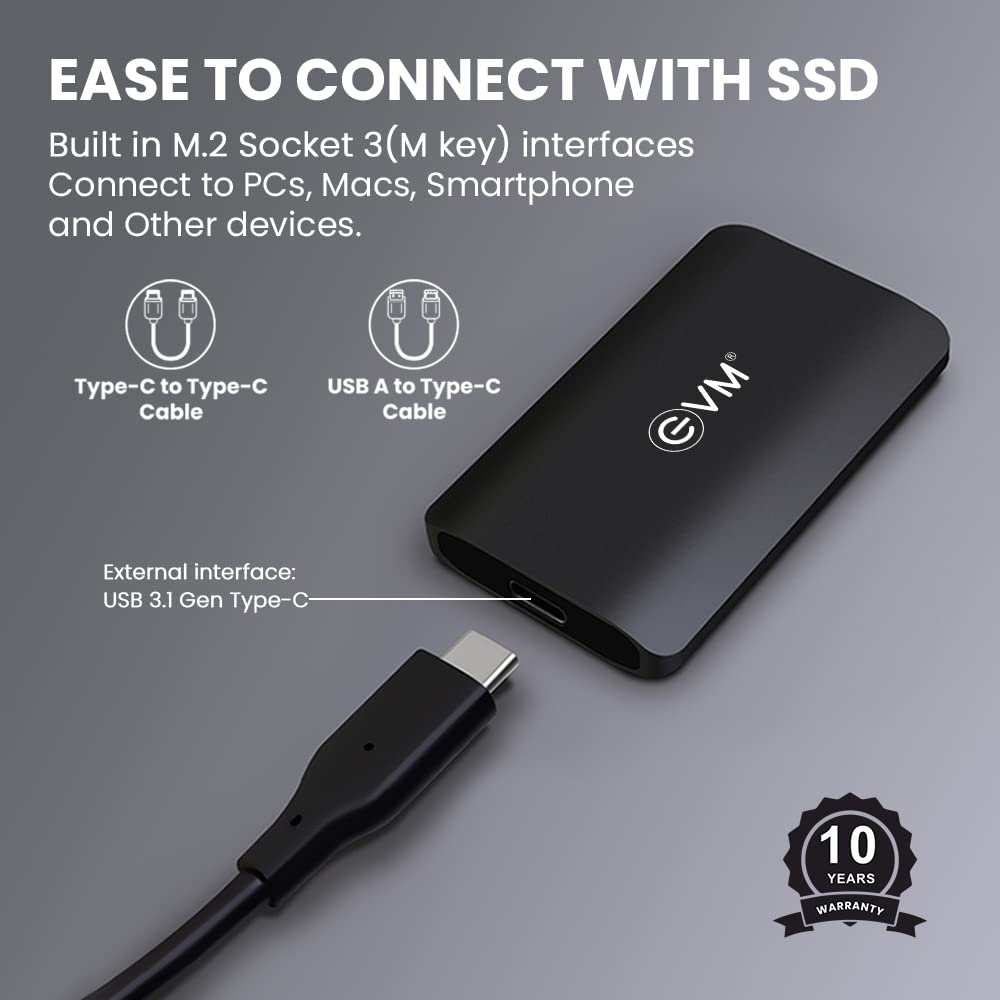 EVM ENSAVE EXTERNAL SSD 1TB - SMALLEST PORTABLE SSD - 550 MB/S READ & 500 MB/S WRITE - USB 3.1 GEN 2 TYPE C - 10 YEARS WARRANTY (EPSSD/1TB)