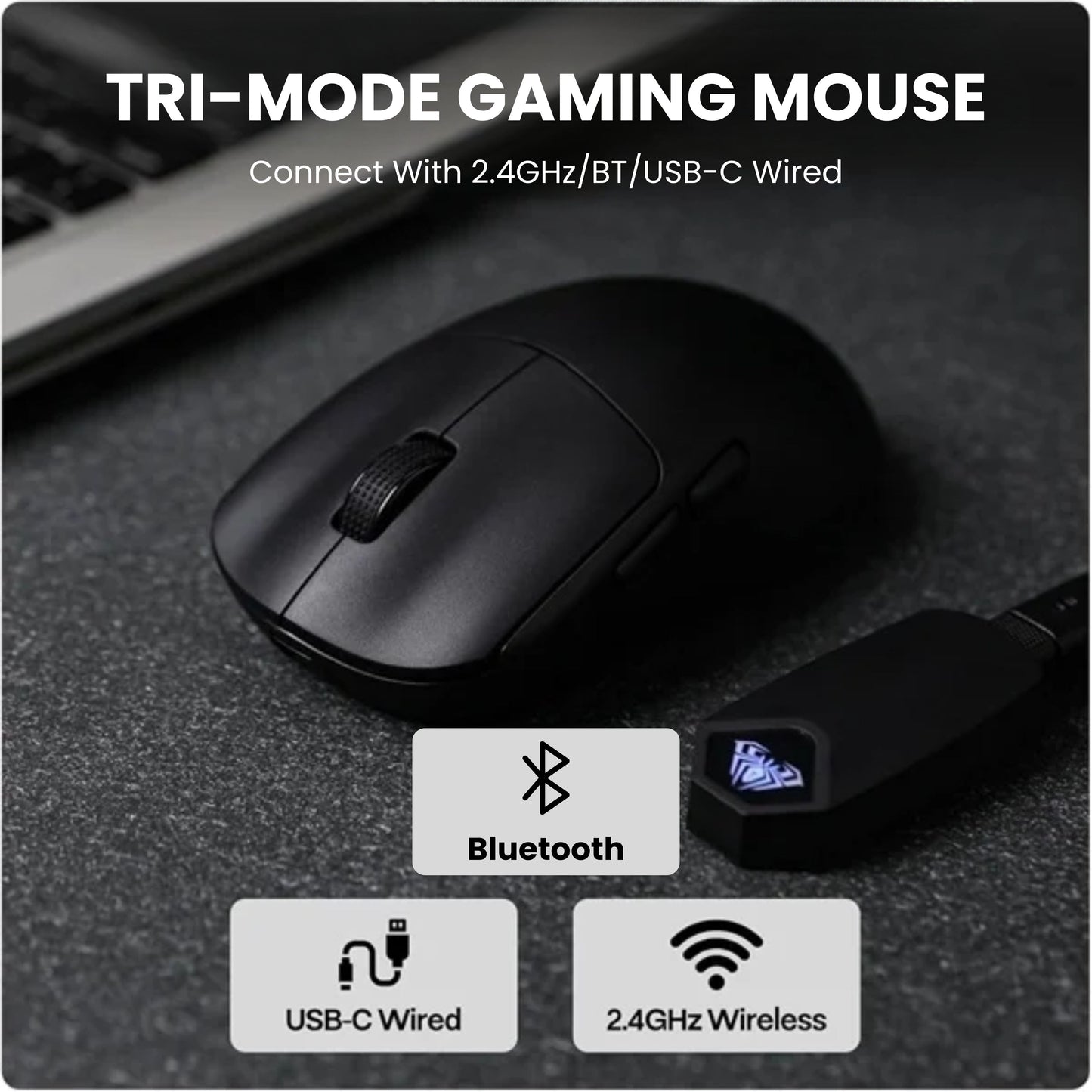 AULA SC800 Tri-Mode Wireless 2.4G/Wired/Bluetooth Ultra-Lightweight Gaming Mouse | 37grams, Adjustable 26000 DPI, PAW3395 Sensor, 8000 Polling Rate, Ultra-Precise & Durable for Gaming | Black (SC800B)