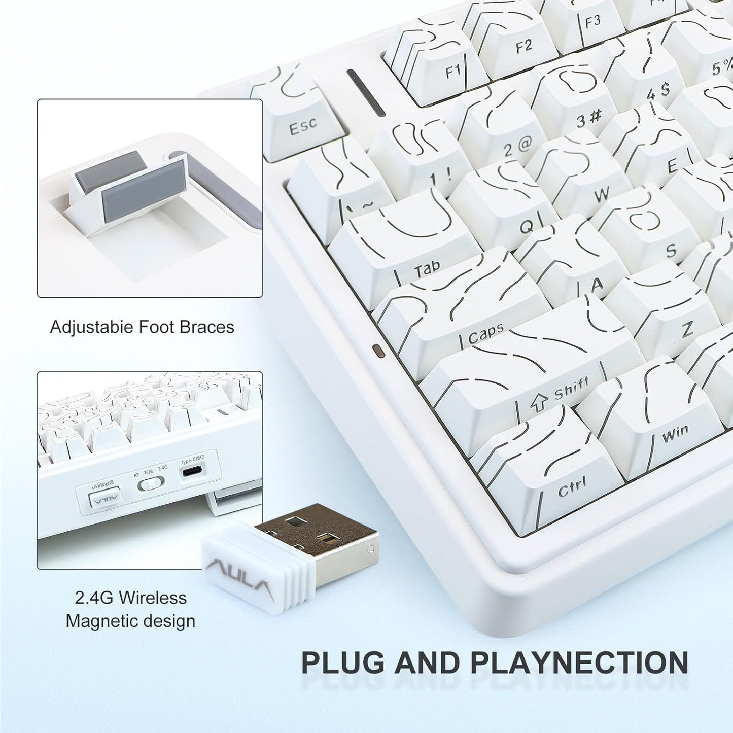 AULA F75 75% Side Engraved Tri Mode TKL 80 Keys Wireless Mechanical Gaming Keyboard With Knob | 4000mAh Battery, South-Facing RGB Backlit Pre-Lubed Hot Swappable | White Contour - Star Vector Switches