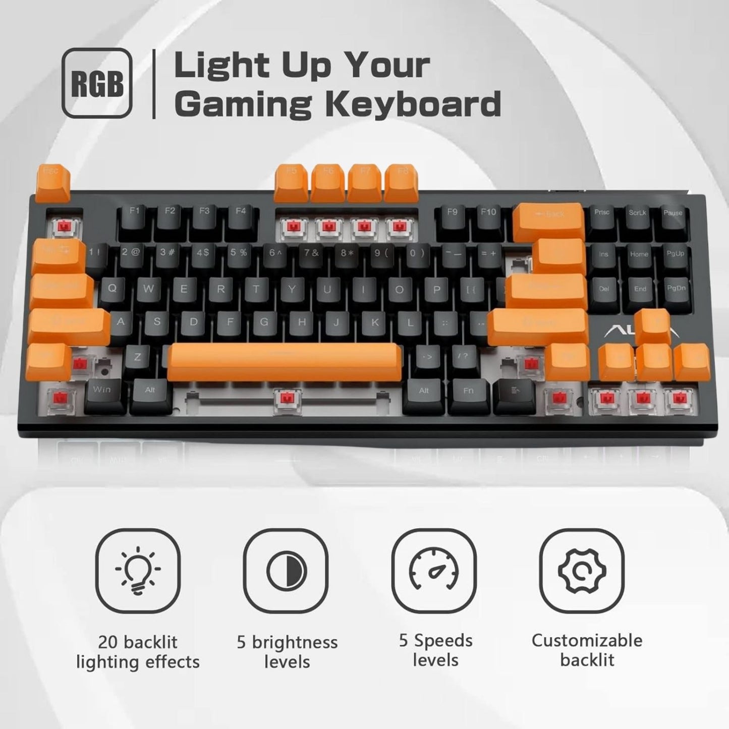 AULA F3032 Wired RGB Backlight Mechanical Gaming Keyboard | 87 Keys Compact, Unique 11 Side Light, 60 Million Keystroke, Detachable Wired Computer Keyboards for Windows PC | Orange + Black, Red Switch
