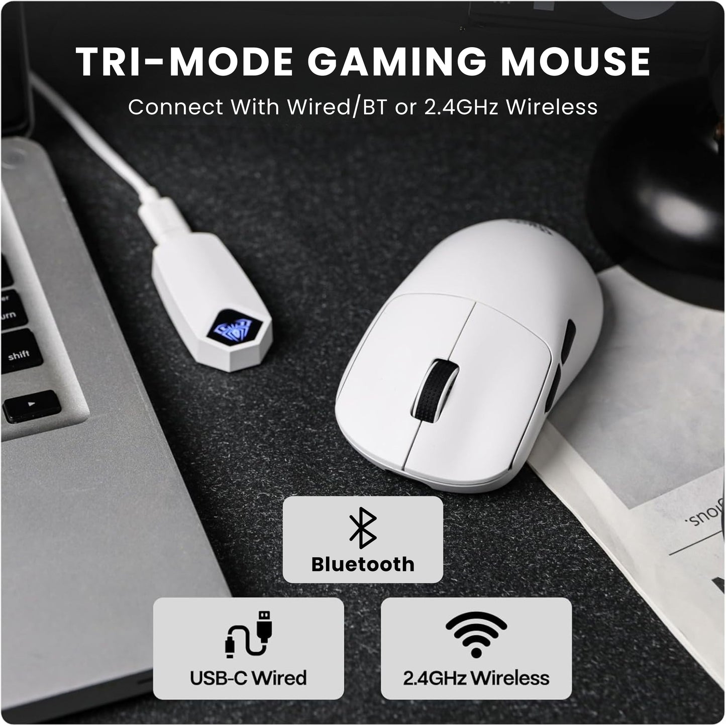 AULA SC800 Tri-Mode(2.4GHz/BT/Wired) Ultra-Lightweight Gaming Mouse | 37grams, Adjustable 26000 DPI, PAW3395 Sensor, 8000 Polling Rate, Ultra-Precise & Durable for Gaming & Office Use | White (SC800W)