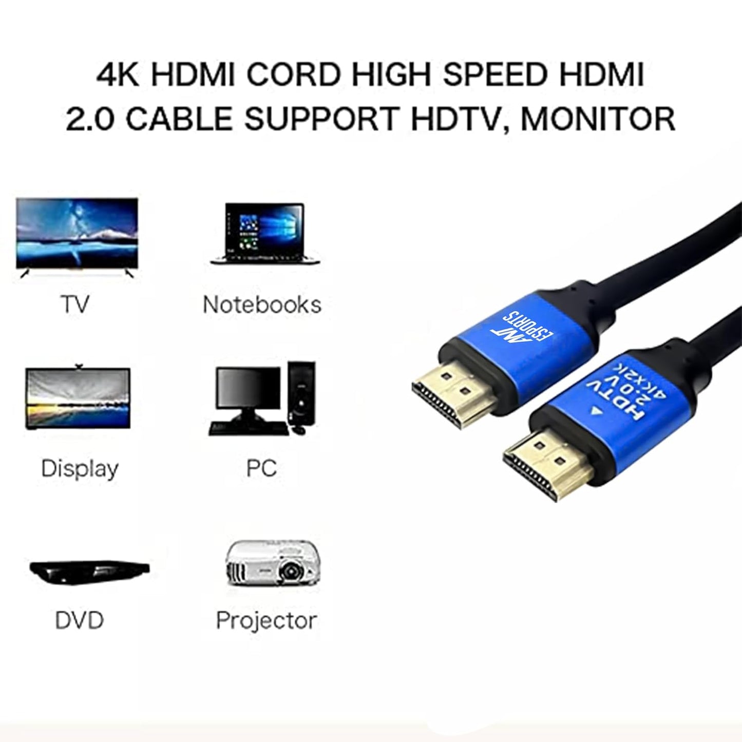ANT ESPORTS AEH103 4K 2.0 HDMI CABLE WITH BLUE METAL CAP - 3 METERS I 24K GOLD-PLATED- (B0CQXHN99S)