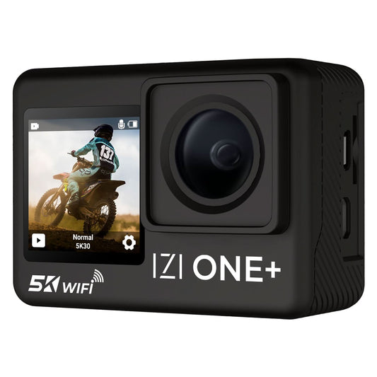 IZI ONE Plus 5K 48MP Action Camera - 6-Axis Gyro Stabilization, 110ft Waterproof, Vlogging, 170 FOV, WiFi, Dual Screen Video Camera, 2X 1350mAh Batteries, Fast C-Type Charge HQ External Mic