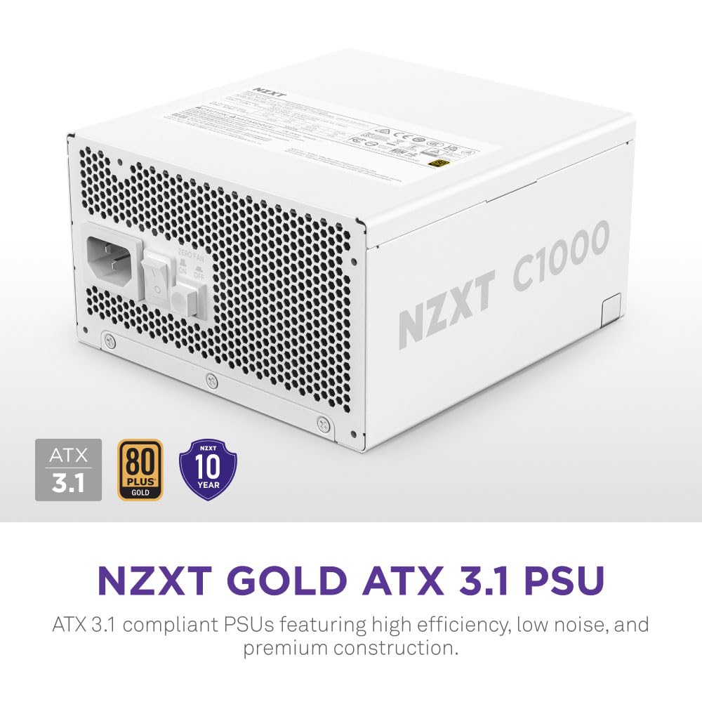 NZXT ATX 3.X 1000 WATT 80 PLUS GOLD FULLY MODULAR LOW-NOISE POWER SUPPLY, WHITE -PA-0G2BW-UK