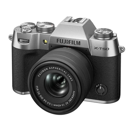 FUJIFILM X-T50 40 MP APS-C X-TRANS SENSOR|RETRO STYLE MIRRORLESS CAMERA|4K/6.2K VLOGGING|HIGH SPEED RECORDING FHD 240FPS|ADVANCE AF WITH 15-45MM OPTICAL ZOOM LENS F/3.5-5.6 - SILVER