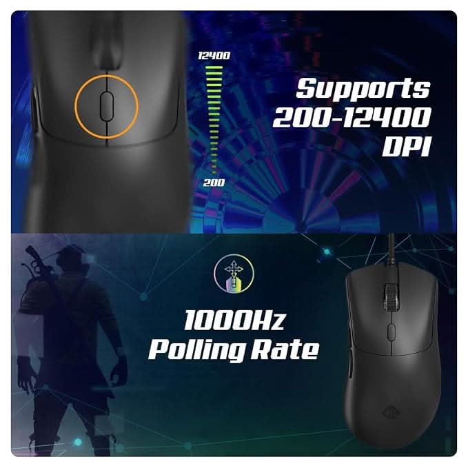Cosmic Byte Falcon Wired Gaming Mouse, 48 Grams, 12400DPI, 1000Hz Polling, Pixart 3327 Sensor, 20M Switches, Paracord Cable, PTFE Feet, Software Support (Black)