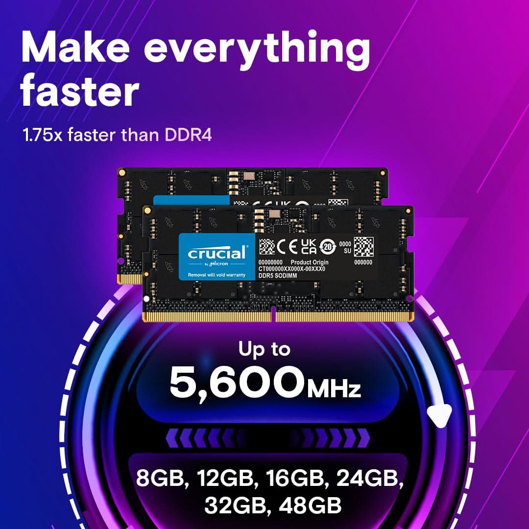 CRUCIAL 8GB DDR5-4800 SODIMM CL40 (16GBIT) RAM CT8G48C40S5