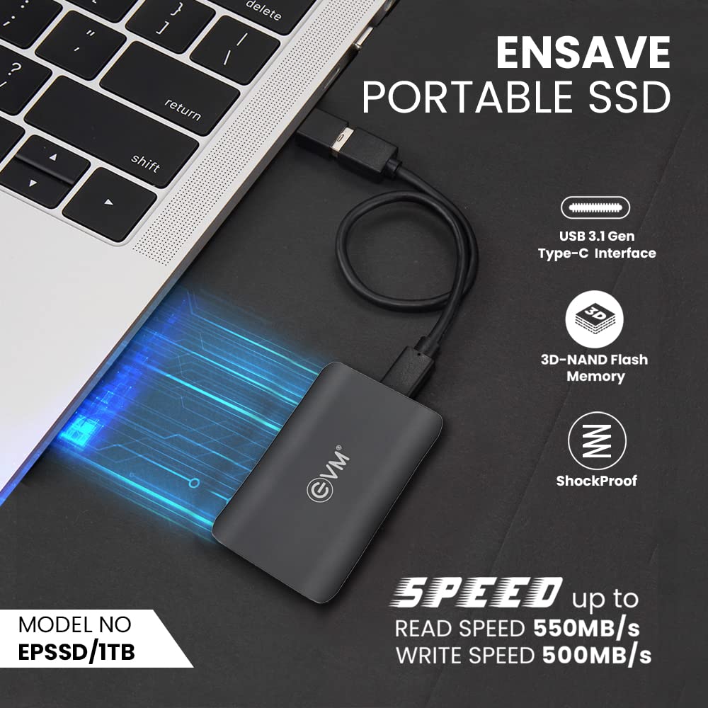 EVM ENSAVE EXTERNAL SSD 1TB - SMALLEST PORTABLE SSD - 550 MB/S READ & 500 MB/S WRITE - USB 3.1 GEN 2 TYPE C - 10 YEARS WARRANTY (EPSSD/1TB)