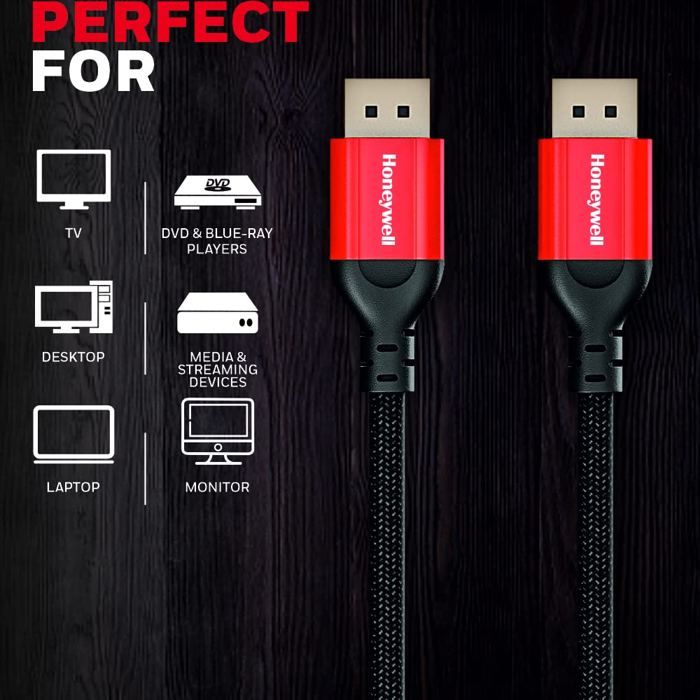 HONEYWELL DISPLAY PORT TO DISPLAY PORT 2.0 CABLE, 8K@60HZ UHD RESOLUTION, 2 MTR, 40 GBPS TRANSMISSION SPEED, MALE TO MALE, COMPATIBLE WITH TV, LAPTOP, PROJECTOR, MONITOR ETC