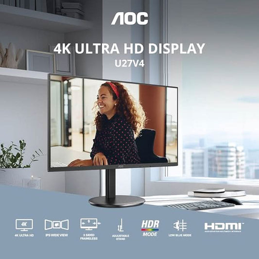 AOC 27 IPS Borderless, 4K - 3840 x 2160, 60 Hz, 350 cd/m², 4 MS, HDMI 2.0 x 2, DP 1.4 x 1, NTSC 107% / sRGB 126%, Earphone x 1.