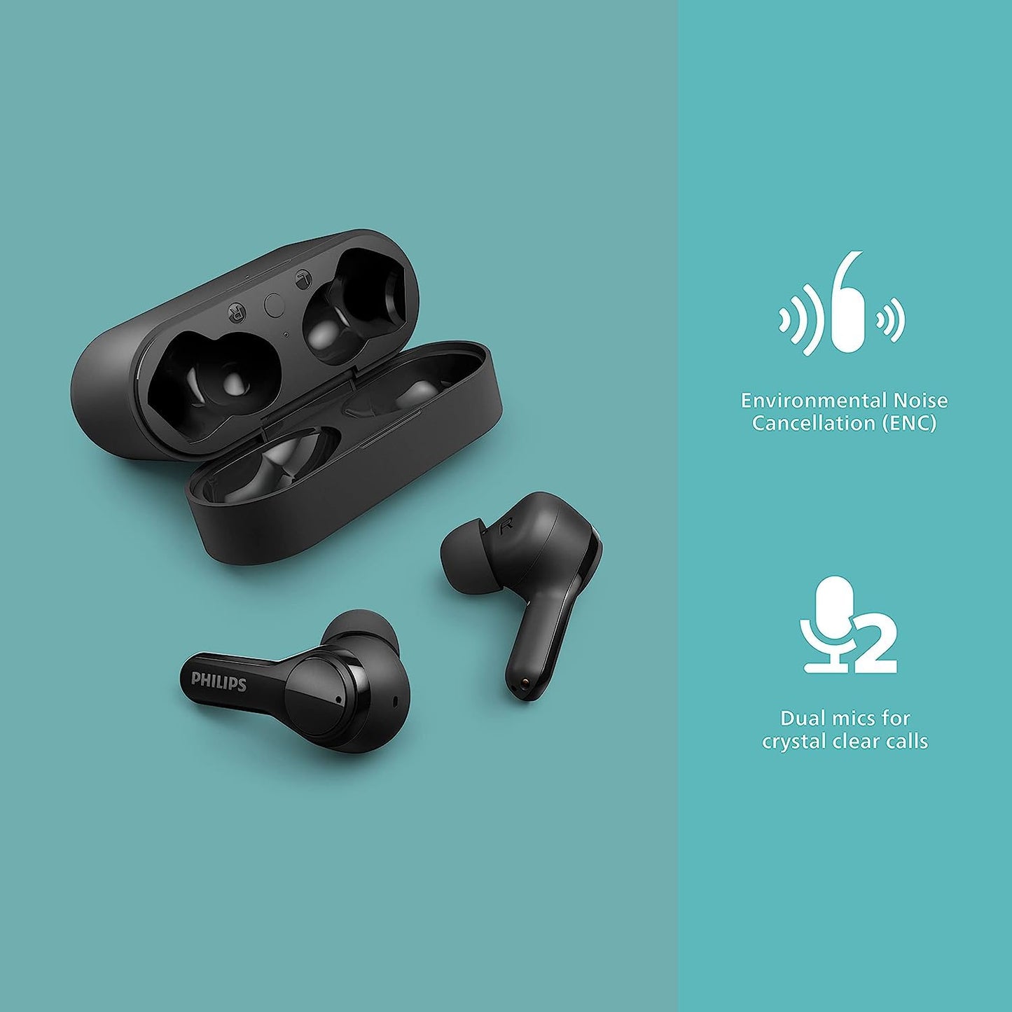 PHILIPS AUDIO TAT3217BK TRUE WIRELESS EARBUDS WITH 4 MIC ENC FOR CRYSTAL CLEAR CALLING, 26 HR PLAYTIME, IPX5 WATER RESISTANCE | APP SUPPORT, 10MM NEODYMIUM DRIVERS FOR RICH SOUND & PUNCHY BASS (BLACK)