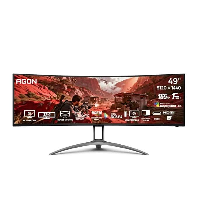 AOC AG493UCX2 48.8 Curved Gaming Monitor - Black | Dual-QHD 5120×1440 (32:9) |165Hz Refresh |1ms MPRT, FreeSync Premium | DisplayHDR400 | USB-C & KVM | UltraWide VA Panel