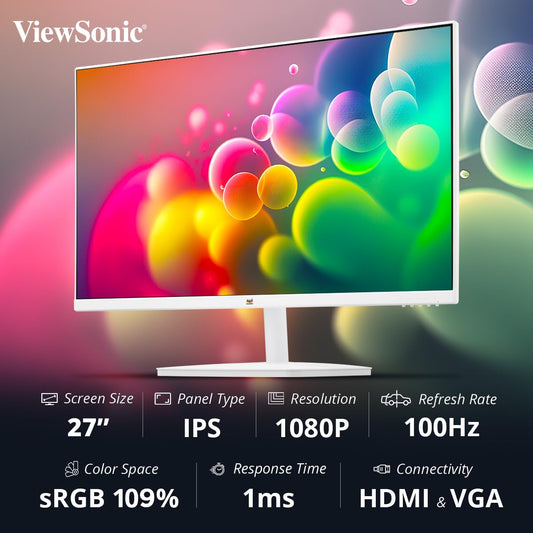 ViewSonic VA2732-MH-W, 27-inch (68.58cm) Full HD Monitor, SuperClear IPS Panel, 100Hz, 1ms, sRGB 109%, HDMI, VGA, Dual Speakers, Eye ProTech+, Borderless Design, White