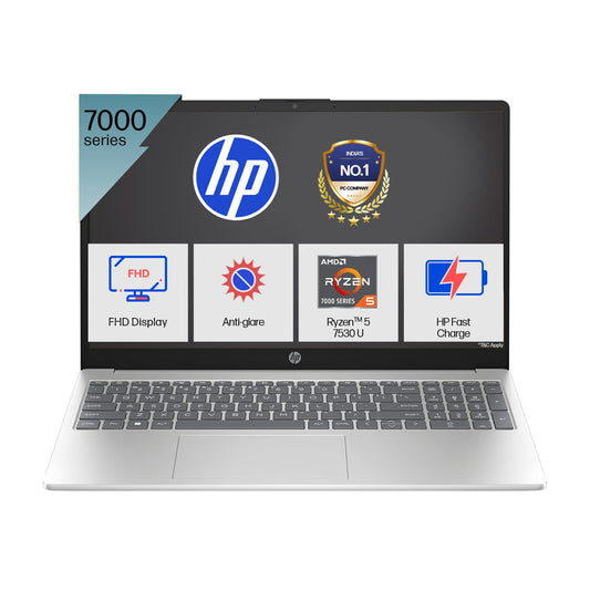 HP 15, AMD Ryzen 5 7530U (16GB DDR4, 512GB SSD) FHD, Anti-Glare, Micro-Edge,15.6''/39.6cm, Win11, M365 Basic(1yr)* Office24, Silver,1.59kg, fc0389AU, AMD Radeon, FHD Camera w/Shutter, Backlit Laptop