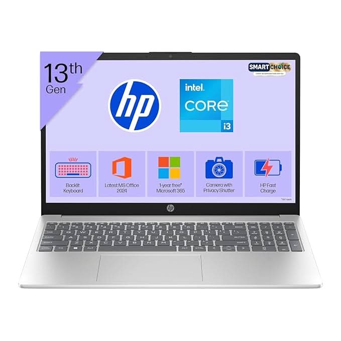 HP 15 Smartchoice, FD0572TU, 13th Gen Intel Core i3-1315U(8GB DDR4,512GB SSD) FHD, Anti-Glare, 15.6 inch, Win11, M365(1yr) x MS Office, 1.59kg, FHD Camera w/Shutter, Backlit Laptop, Silver