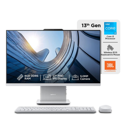Lenovo IdeaCentre AIO 13th Gen Core i3-1315U 27" FHD IPS (8GB RAM/512GB SSD/Windows11/Office 24/3Wx2 Harman Speakers/Wireless EOS Keyboard & Mouse, Cloud Grey), F0HM00PKIN All-in-One Desktop