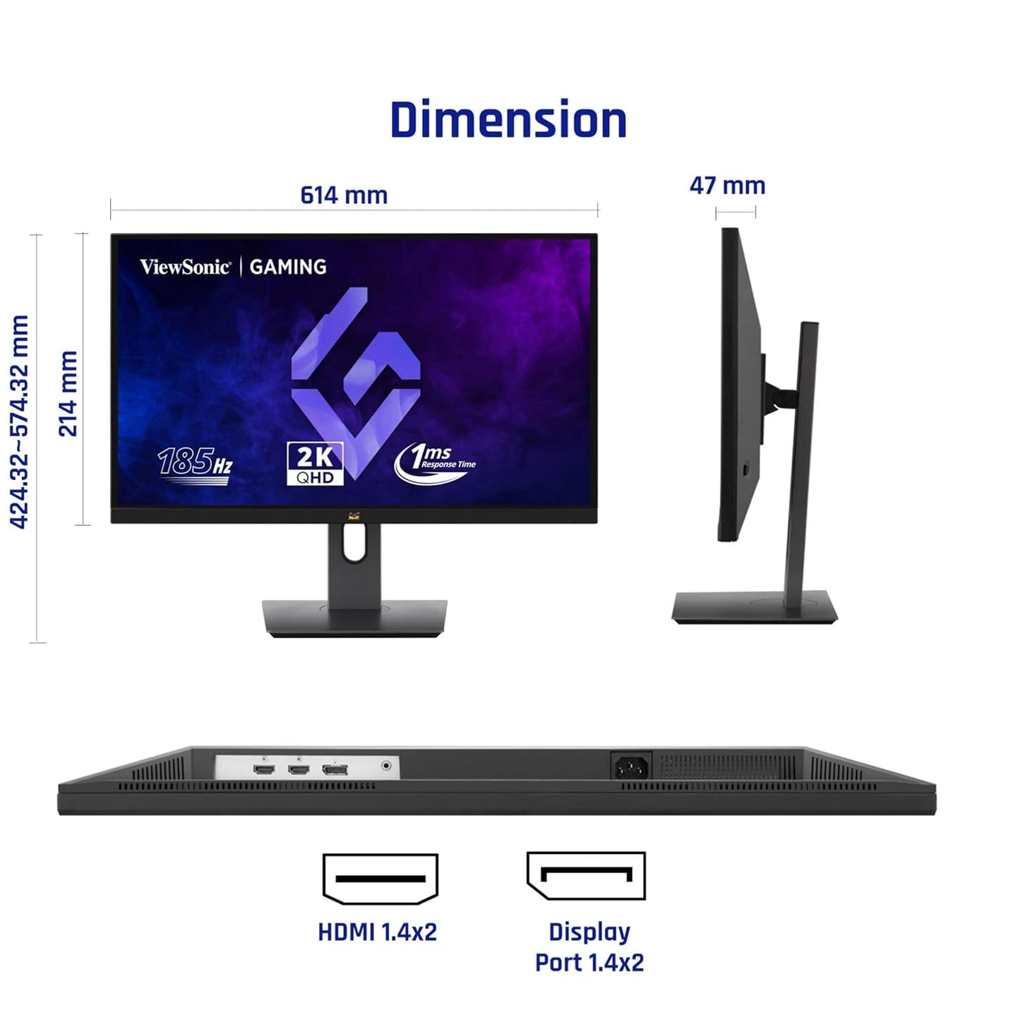 ViewSonic Gaming VX2758A-2K-PRO-2 55.88 Cm 27" | 185 Hz| IPS QHD 2K Gaming Monitor | 1ms | HDR10| FreeSync | 137% sRGB | Height Adjustment |Swivel, Tilt, Pivot | Eye Care| 2 x HDMI | DP