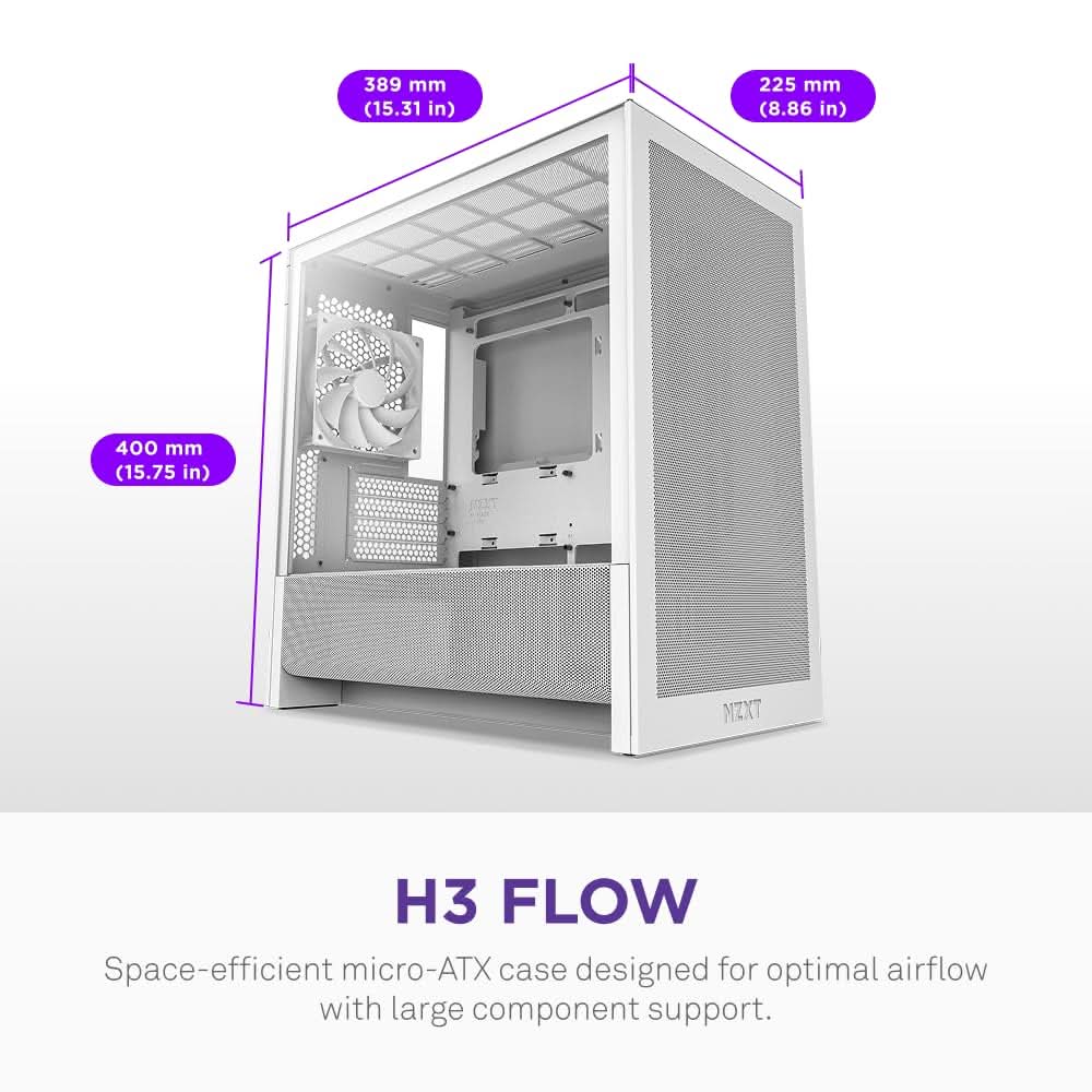 NZXT H3 Flow (2025) Micro-ATX Mid-Tower Gaming Cabinet - White (CC-H31FW-01)