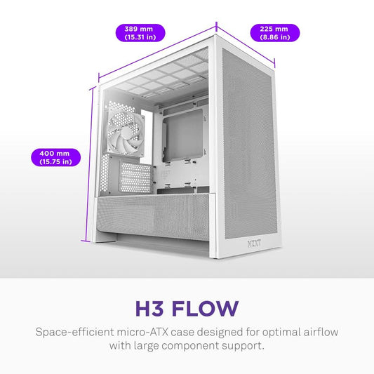 NZXT H3 Flow (2025) Micro-ATX Mid-Tower Gaming Cabinet - White (CC-H31FW-01)