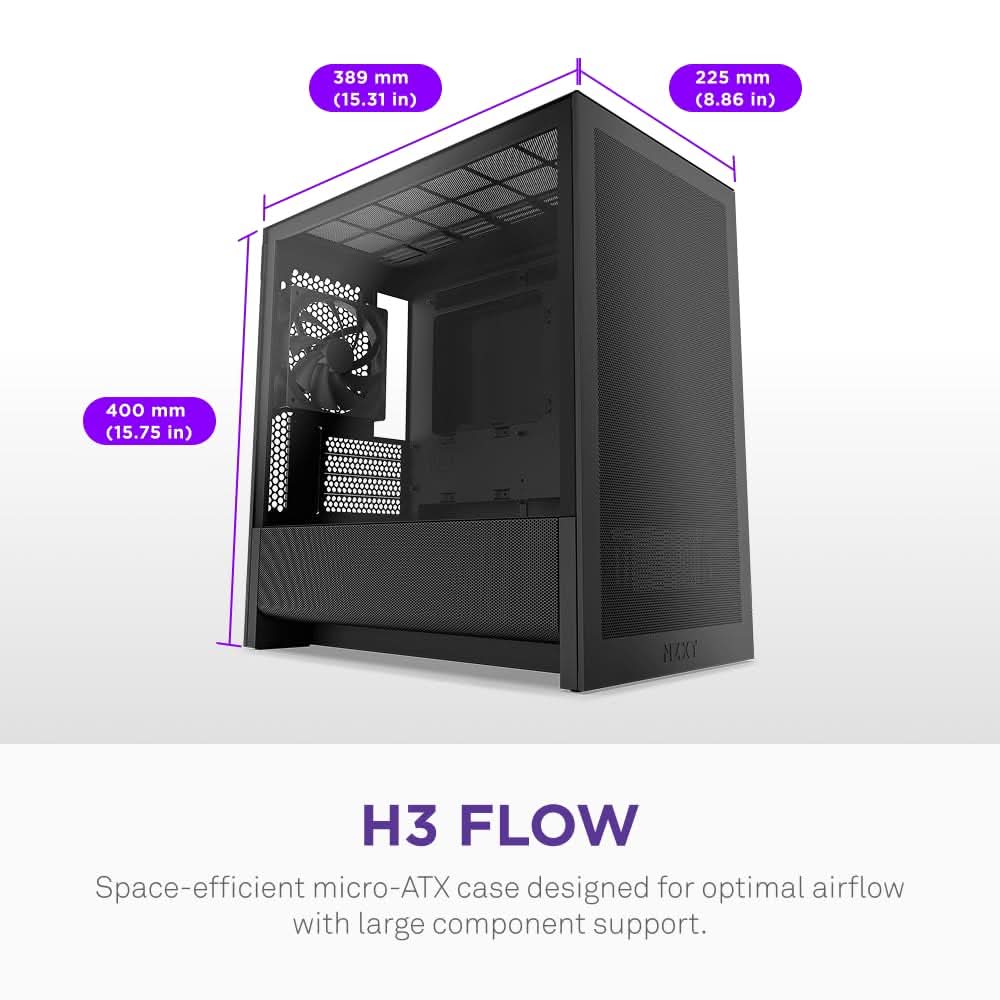 NZXT H3 Flow (2025) Micro-ATX Mid-Tower Gaming Cabinet - Black (CC-H31FB-01)