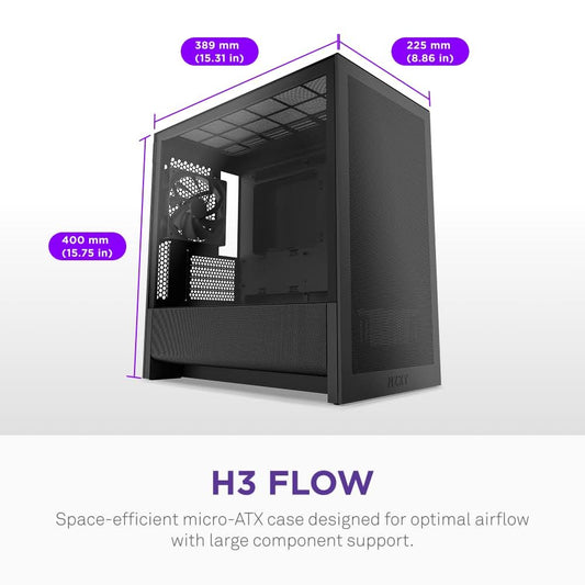 NZXT H3 Flow (2025) Micro-ATX Mid-Tower Gaming Cabinet - Black (CC-H31FB-01)
