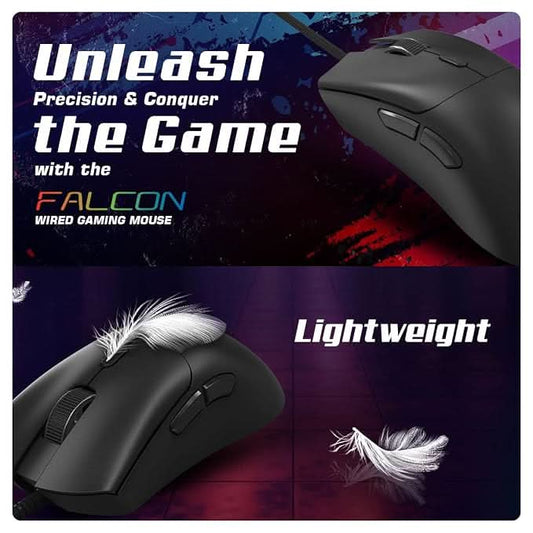 Cosmic Byte Falcon Wired Gaming Mouse, 48 Grams, 12400DPI, 1000Hz Polling, Pixart 3327 Sensor, 20M Switches, Paracord Cable, PTFE Feet, Software Support (Black)