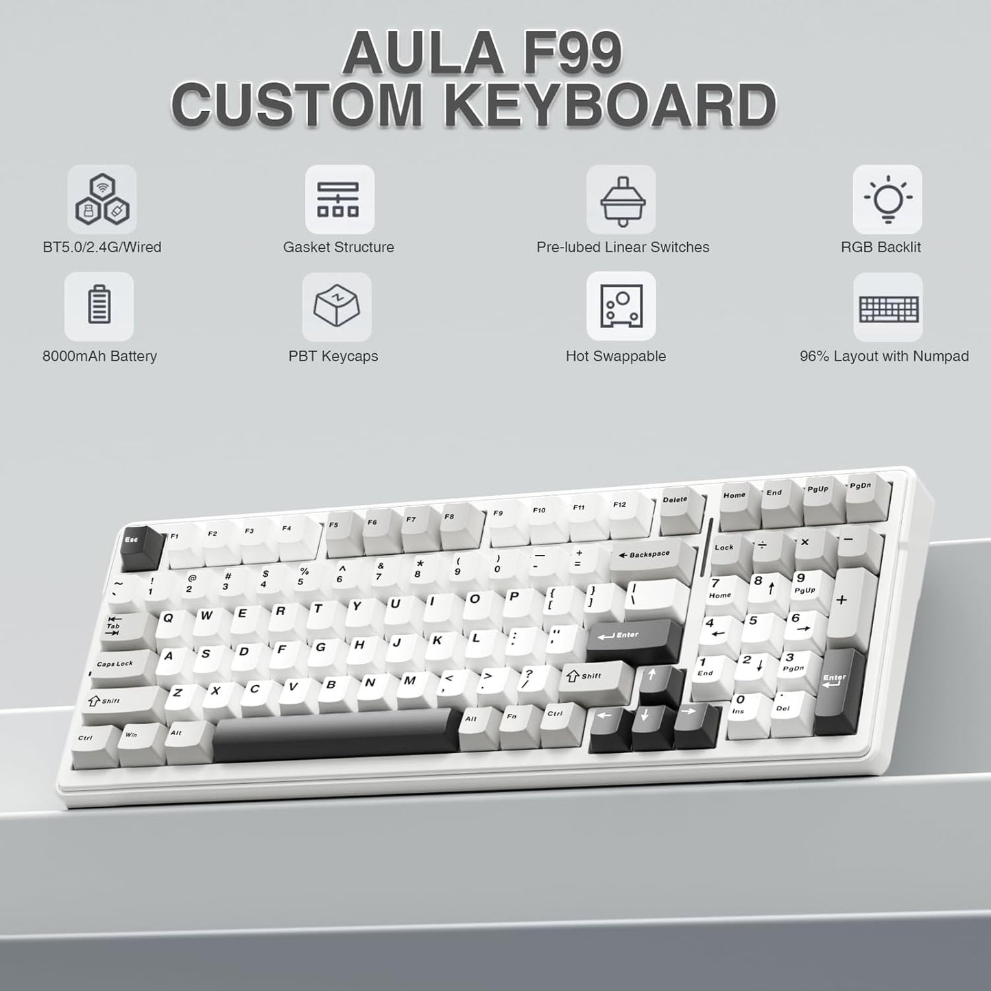 AULA F99 GRAY WHITE GRAYWOOD SWITCH MECHANICAL GAMING KEYBOARD