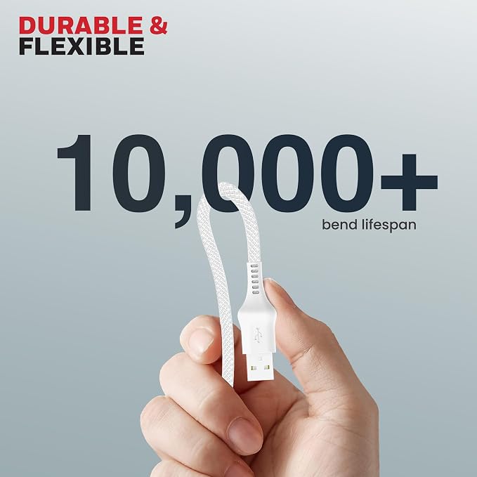 Honeywell USB A to Lightning, 4 Feet (1.2M), Nylon Braided Cable, MFI-certified, QC3.0, 2.4 A Max Output, Fast Charge & Sync Cable for iPhone, iPad, AirPods White