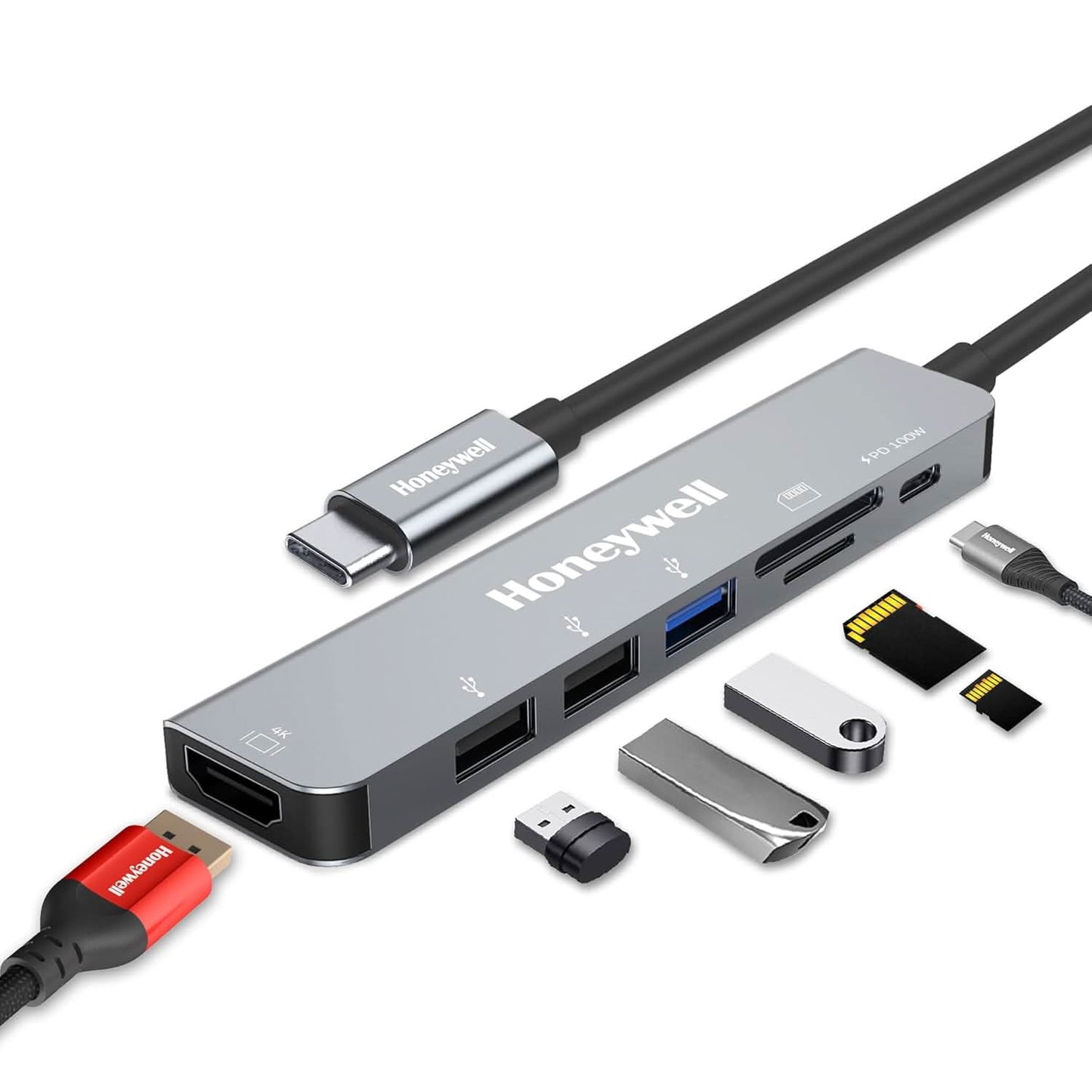 HONEYWELL NEWLY LAUNCHED 7-IN-1 TYPEC DOCKING STATION WITH 4K HDMI,1XUSB 3.0,2XUSB 2.0 & TYPEC 3.0 PD CHARGING 100W PORT, SD & MICRO SD SLOT, FOR ALL TYPE C DEVICES- MACBOOK LAPTOP, PC, THUNDERBOLT 3