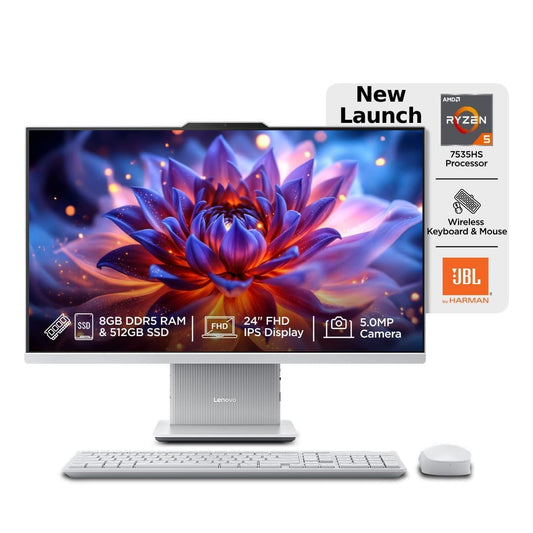 Lenovo IdeaCentre AIO Ryzen 5 7535HS 23.8" FHD IPS All-in-One Desktop (8GB RAM/512GB SSD/Win11/Microsoft 365 Basic + Office Home 2024/3Wx2 Speakers/5MP Camera/Wireless Keyboard & Mouse), F0HR009BIN