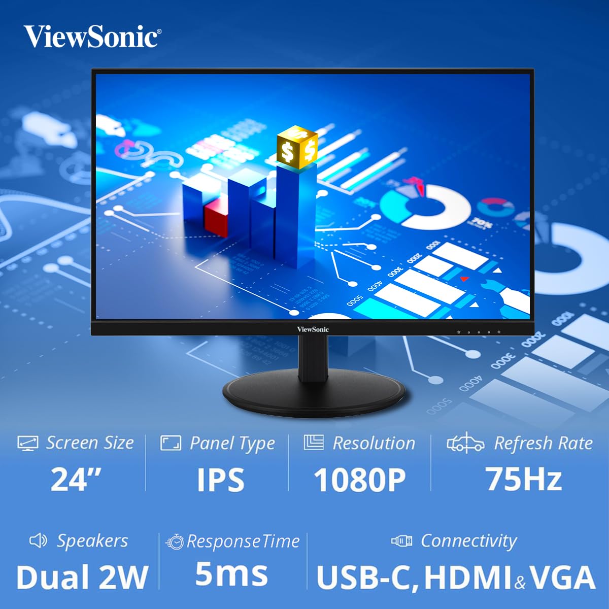 ViewSonic VG2409-MHU 60.96 Cm (24") IPS FHD Professional Monitor | USB Type-C OneCable Solution 65W Laptop Charge Back| Height Adjustment | Eye Care| 2xSpeaker| HDMI,USB-C,104% sRGB