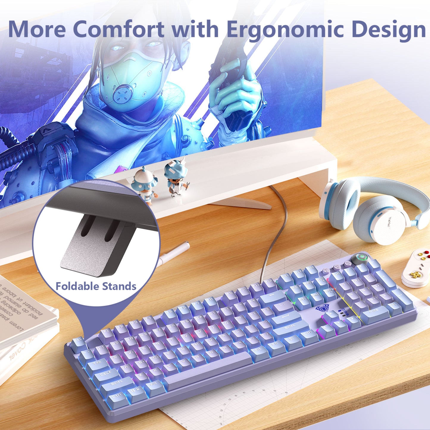 AULA F2088Pro Full Size USB Wired Mechanical Gaming Keyboard with Media Knob | RGB Rainbow Backlit, Removable Upper Cover, 108 Programmable Keys Keyboards for Mac/Windows | Purple, Red Switches