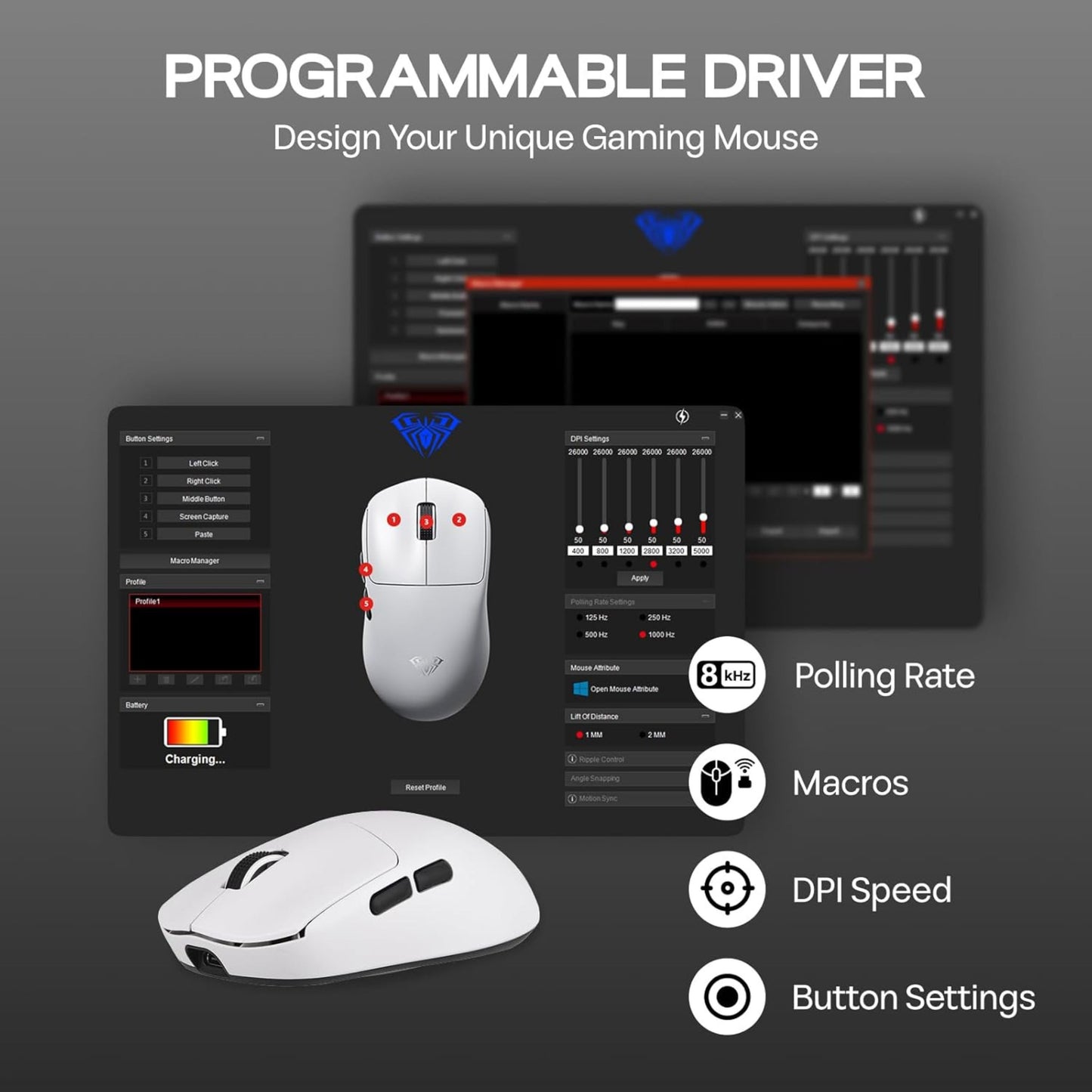 AULA SC800 Tri-Mode(2.4GHz/BT/Wired) Ultra-Lightweight Gaming Mouse | 37grams, Adjustable 26000 DPI, PAW3395 Sensor, 8000 Polling Rate, Ultra-Precise & Durable for Gaming & Office Use | White (SC800W)