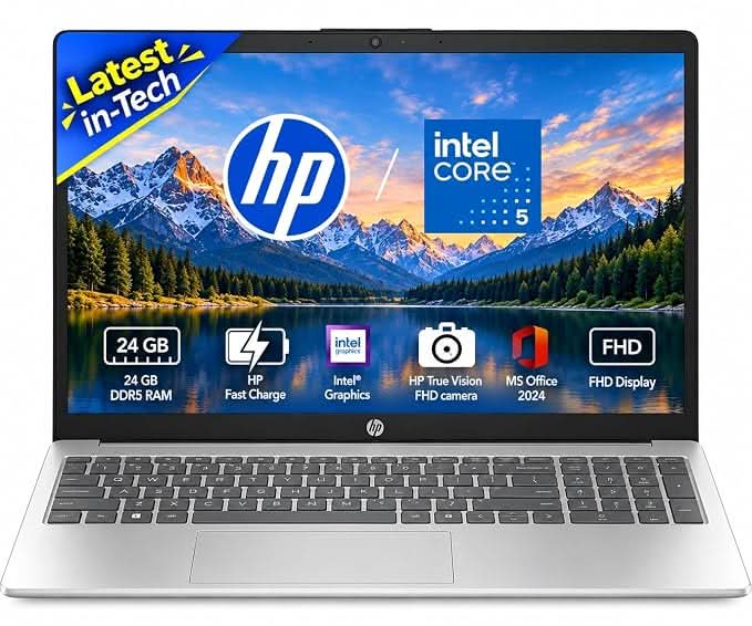 HP 15-fd0901TU Laptop, Intel Core 5 120U, 24GB RAM, 512GB SSD, 15.6 Inch FHD, Windows 11 Home, MS Office 2024, Silver