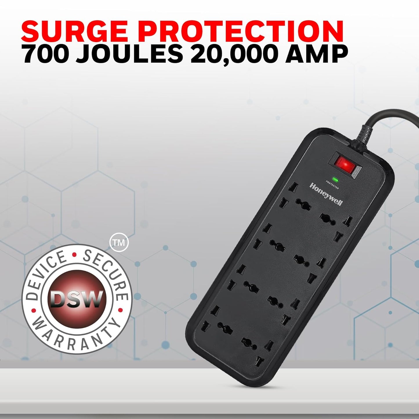 HONEYWELL SURGE PROTECTOR, 8 UNIVERSAL SOCKETS,20000AMP