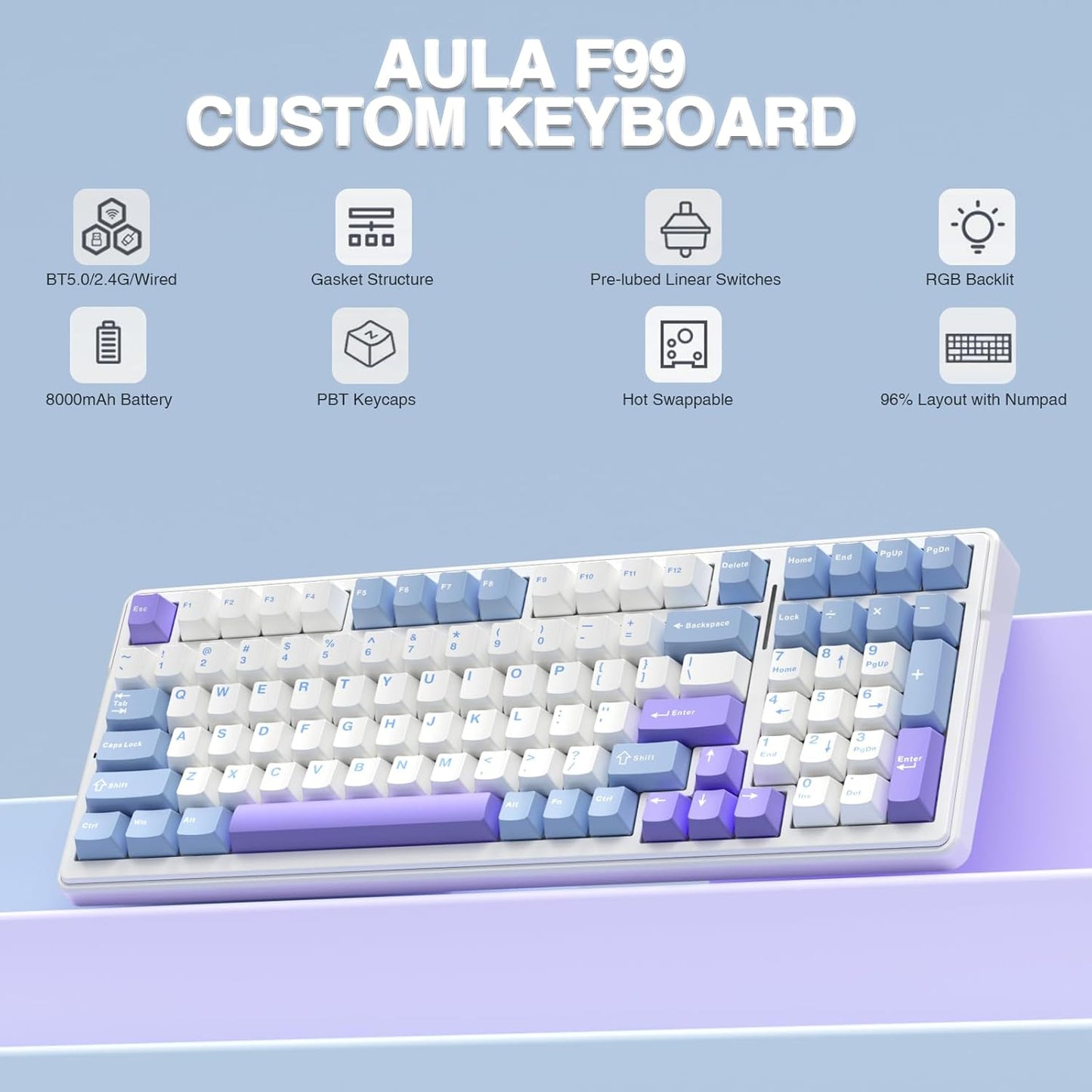 AULA F99 BLUE WHITE GRAYWOOD SWITCH MECHANICAL GAMING KEYBOARD