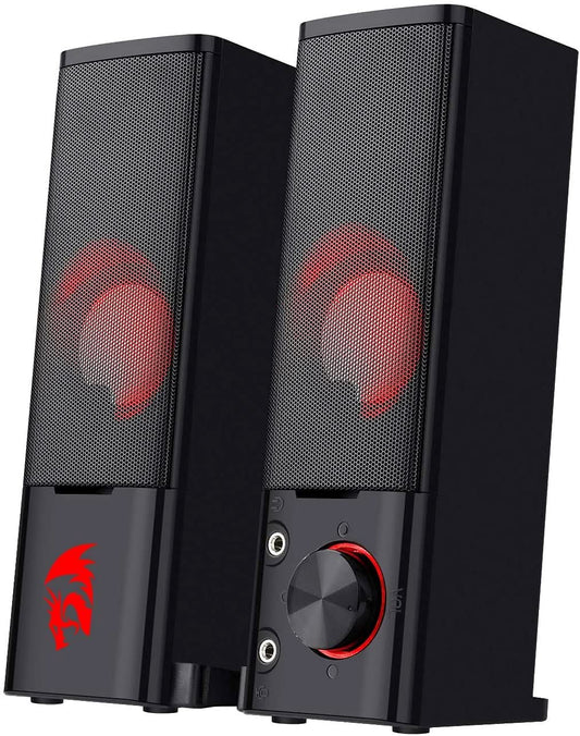 REDRAGON GS550 ORPHEUS PC GAMING SPEAKERS, 2.0 CHANNEL STEREO DESKTOP COMPUTER SOUND BAR WITH COMPACT MANEUVERABLE SIZE, QUALITY BASS AND DECENT RED BACKLIT, USB POWERED W/ 3.5MM CABLES, DOOM ETERNAL