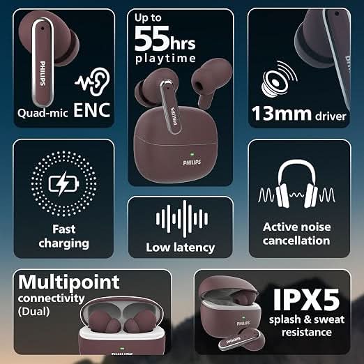 Philips TAT1150RDHP Premium Wireless Earbuds with ANC, Quad Mic ENC, Up to 55 hr Playtime Red
