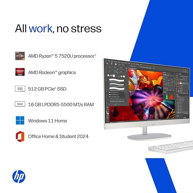 HP 24-cr0271in All-in-One , AMD Ryzen 5 7520U, 16GB RAM LPDDR5, 512GB SSD, IPS, Three-Sided, Micro-Edge, Anti-Glare, FHD, 23.8 inch, Win 11 Home, Office 24, 5.27kg, FHD IR Camera, 1 Year Warranty