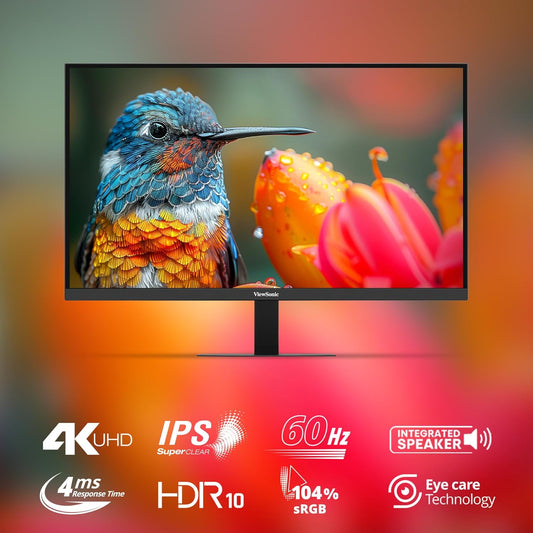 ViewSonic VA2708-4K-MHD, 27-inch (68.58cm) 4K UHD Monitor, SuperClear® IPS, HDR10, sRGB 104%, 1.07B Colors, Dual Speakers, Dual HDMI 2.0, DP, Eye ProTech+, 3-Sided Frameless, Slim Design