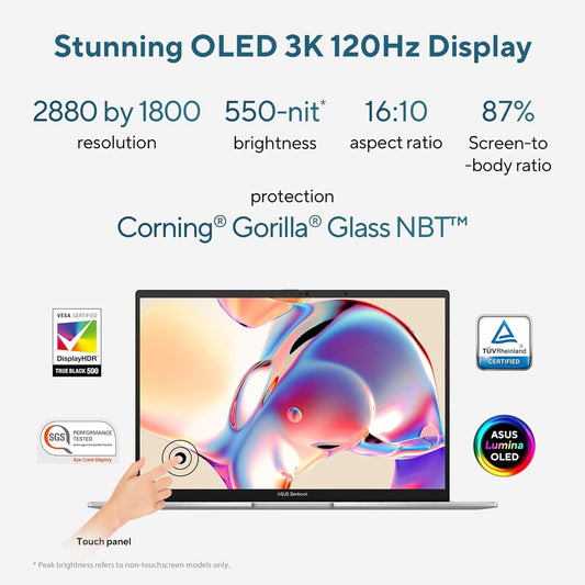 ASUS Zenbook 14, Intel Core Ultra 7, 14 inch 3K OLED 16:10 120 Hz, Thin & Light Laptop, Built-in AI (32GB RAM/1 TB//Win 11/Office 2021/Backlit/Touchscreen/75WHr /Foggy Silver/1.28 Kg), UX3405MA-PZ761WS