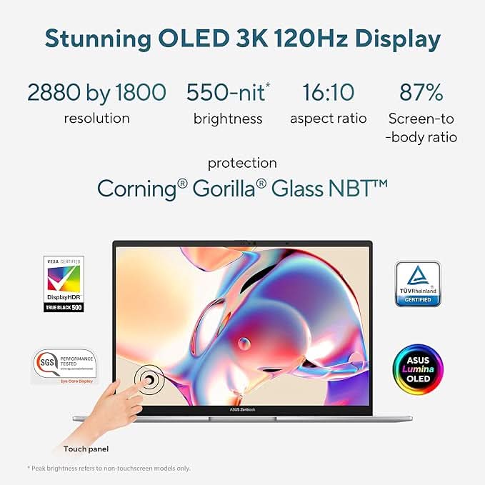 ASUS Zenbook 14,Intel Core Ultra 5 (Series 2), 16GB, 1TB, 3K OLED Touch Screen,14",120Hz,Win 11,M365 Basic (1Y)*,Office 2024,Foggy Silver,1.28 kg UX3405CA-PZ345WS, Intel Arc iGPU, Thin & Light Laptop