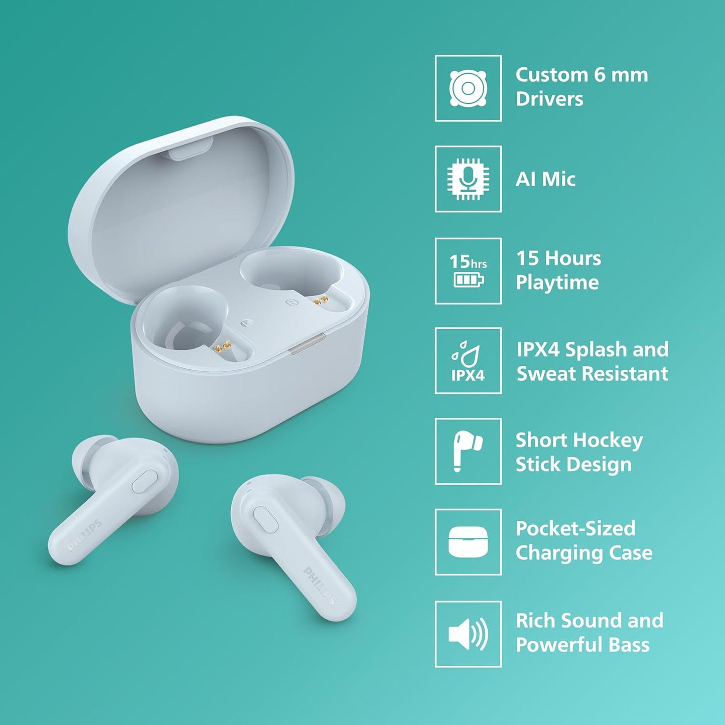 PHILIPS TAT1108BL/00 TRUE WIRELESS EARBUDS, IN-EAR ACTIVE NOISE CANCELLING BLUETOOTH V5.3 EARPHONES WITH MIC, 15H PLAY TIME, SHANK SHAPE, IPX4, TOUCH CONTROLS & CHARGING CASE FOR IPHONE/IPAD (BLUE)