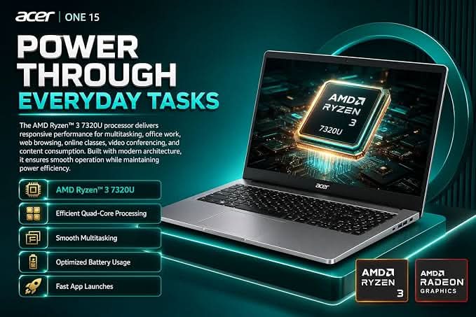 Acer One 15 Smart Laptop AO15-41M-G2, AMD Ryzen 3 7320U, AMD Radeon 610M Graphics, 8GB LPDDR5 RAM, 256GB NVMe SSD, 15.6 inch FHD Display, Windows 11 Home and MS Office, Silver