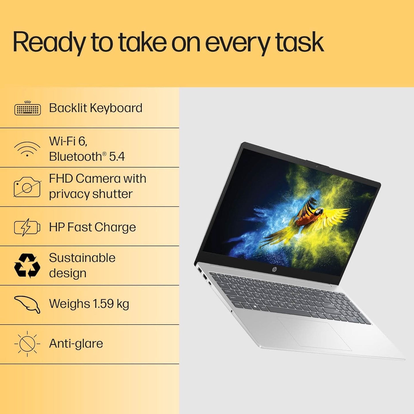 HP 15, AMD RYZEN 7 5825U LAPTOP (16GB DDR4,512GB SSD) ANTI-GLARE, MICRO-EDGE,15.6''/39.6CM, FHD, WIN11, M365 BASIC(1YR),OFFICE HOME24, SILVER,1.59KG, RADEON GRAPHICS, FHD CAMERA W/SHUTTER, FC0476AU