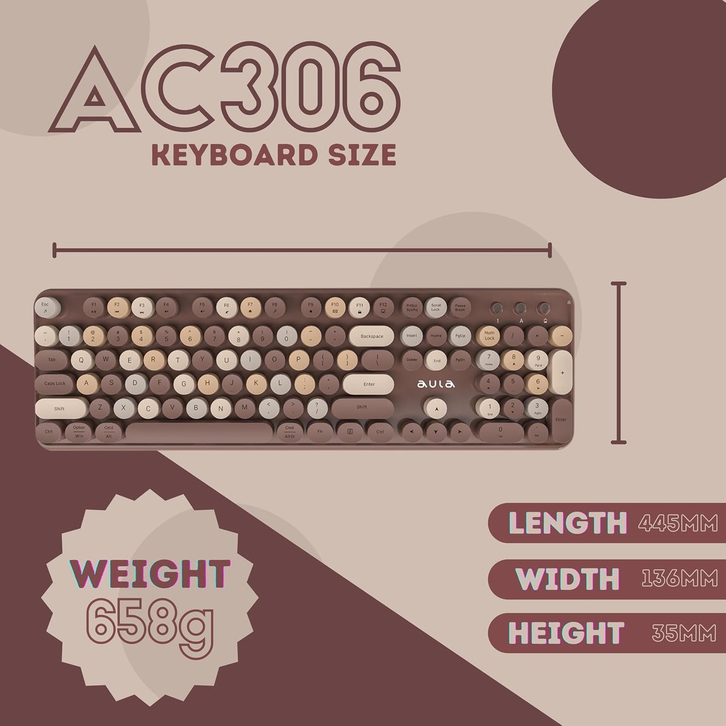 AC306 WIRELESS KEYBOARD WITH RETRO KEYS ,MIX BROWN