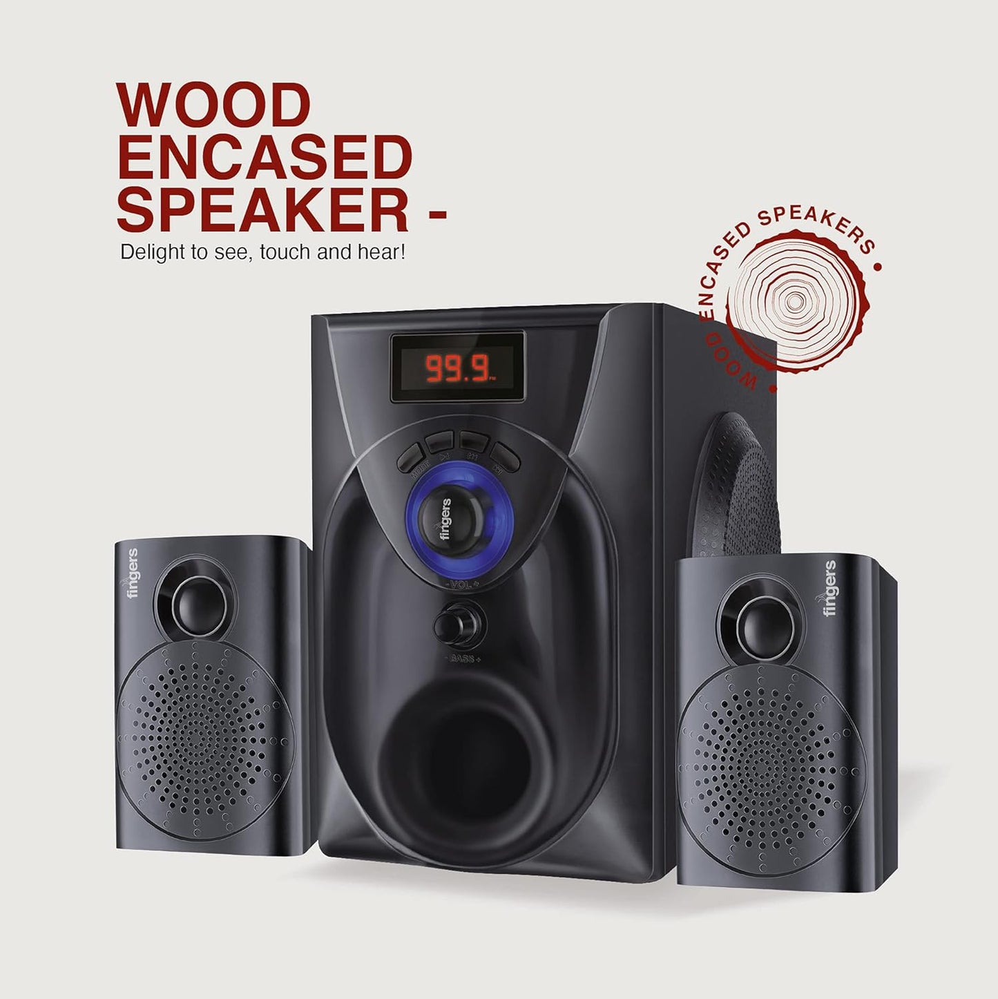 FINGERS CHALLENGER WOOD ENCASED MULTIMEDIA 2.1 SPEAKER (18 W STEREO POWERFUL BASS | BLUETOOTH, FM, USB, SD, AUX (RCA) | REMOTE CONTROL)