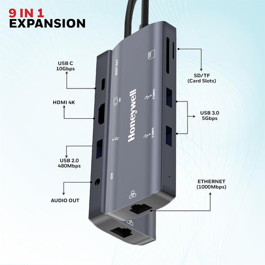 HONEYWELL NEW LAUNCH 9-IN-1 TYPE C DOCK WITH 4K HDMI, 1GBPS RJ45 ETHERNET PORT, 2XUSB 3.0, 1XUSB 2.0 & TYPE C 3.0 PD100W, SD & MICRO SD SLOT, AUDIO PORT FOR ALL TYPE C DEVICES- WINDOWS/MACBOOK