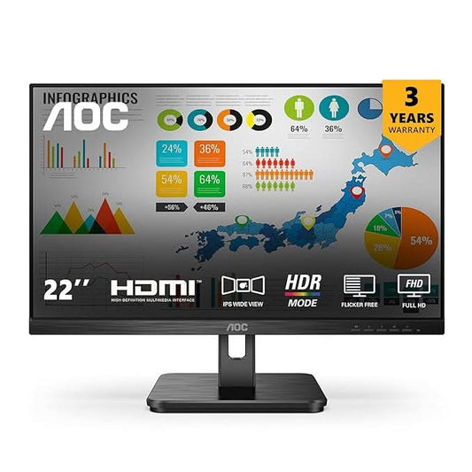 AOC 21.5 IPS Borderless, FHD 1920 x 1080, 100 Hz, 250 cd/m², 4MS, VGA x1, HDMI x1.NTSC 77% / sRGB 102% , Black , Flicker Free , Low Blue Mode, Multitasking Screen Display, Bottom Connectivity of INPUT.
